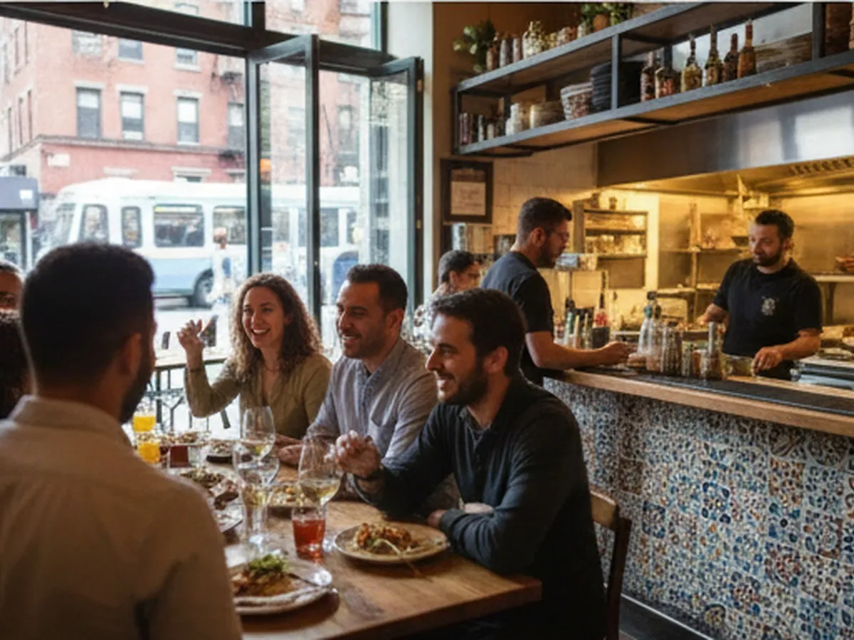 Interior of a cozy, modern Mexican restaurant in Brooklyn with tiled bar, open kitchen, stacks of handmade tortillas, and servers carrying colorful plates of tacos and ceviche to a couple seated at a small table, natural evening lighting.