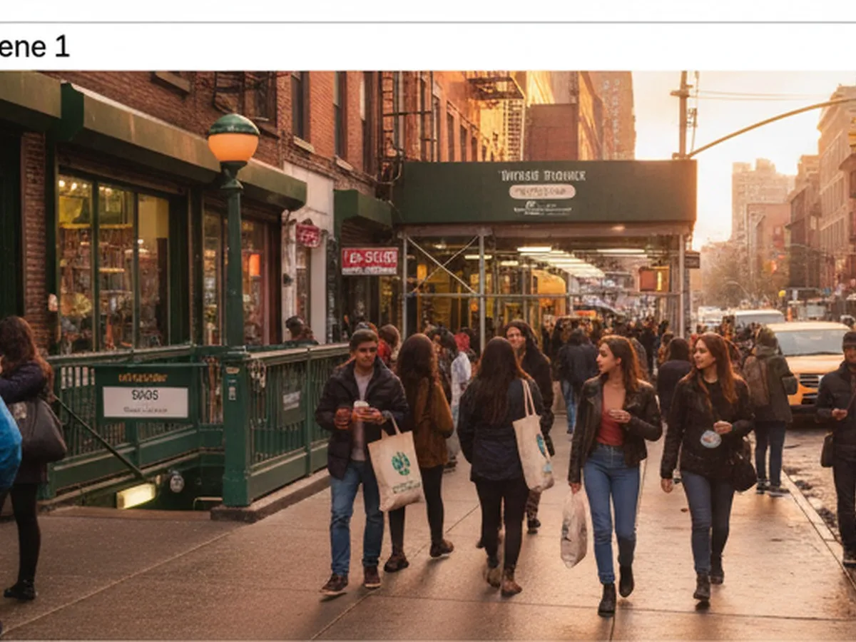 Golden-hour street shot outside a busy Lower East Side thrift shop, with people browsing racks on the sidewalk, subway entrance in the background, and a mix of young adults carrying tote bags and coffee cups.