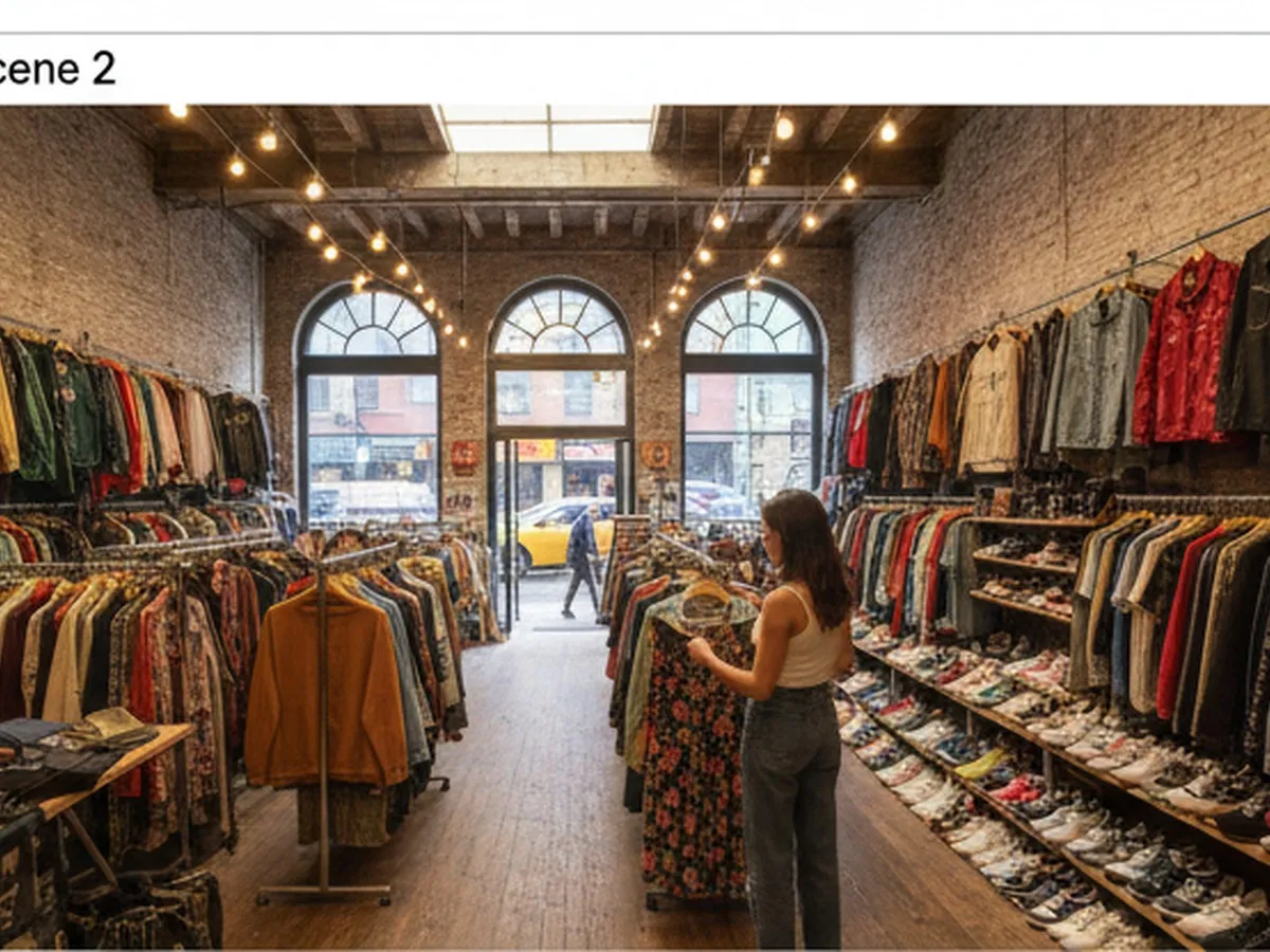Indoor scene in a well-lit Brooklyn vintage store, packed with colorful racks of 90s denim, patterned dresses, and sneakers, a shopper checking a price tag, and a glimpse of streetlife through the front windows.
