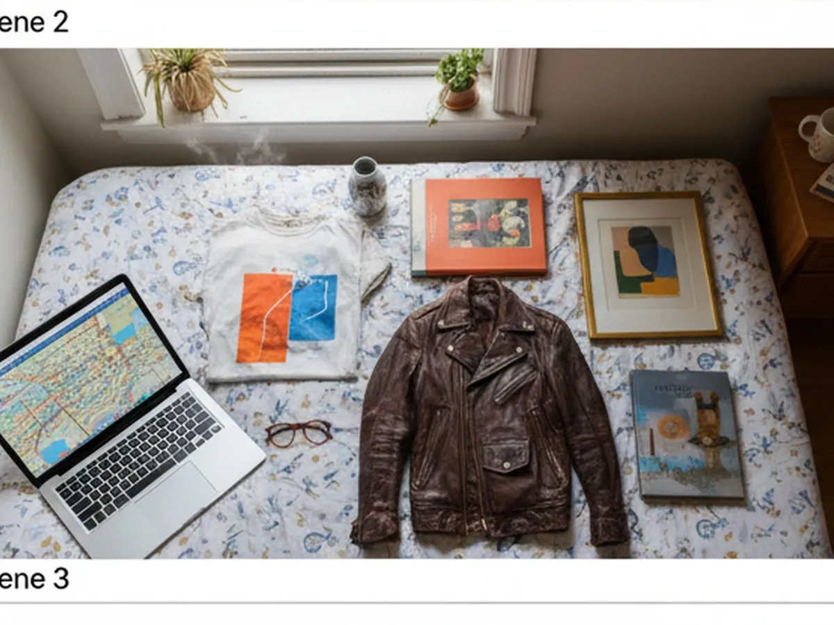 Overhead view of a curated thrift haul laid out on a small apartment bed: vintage leather jacket, graphic tees, books, and a couple of home decor pieces, with an open laptop showing an NYC subway map on the nightstand.
