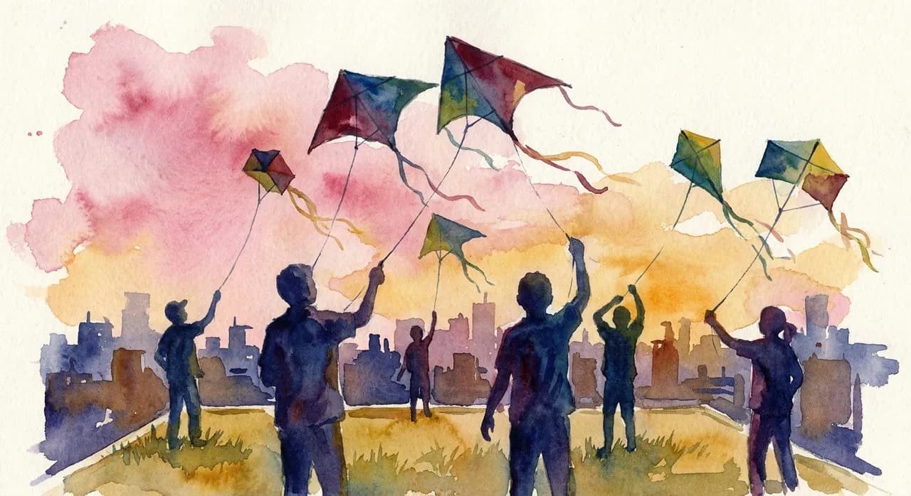 Kite-flyers at the Marina Barrage rooftop in early morning, large delta kites against a pink Singapore sky
