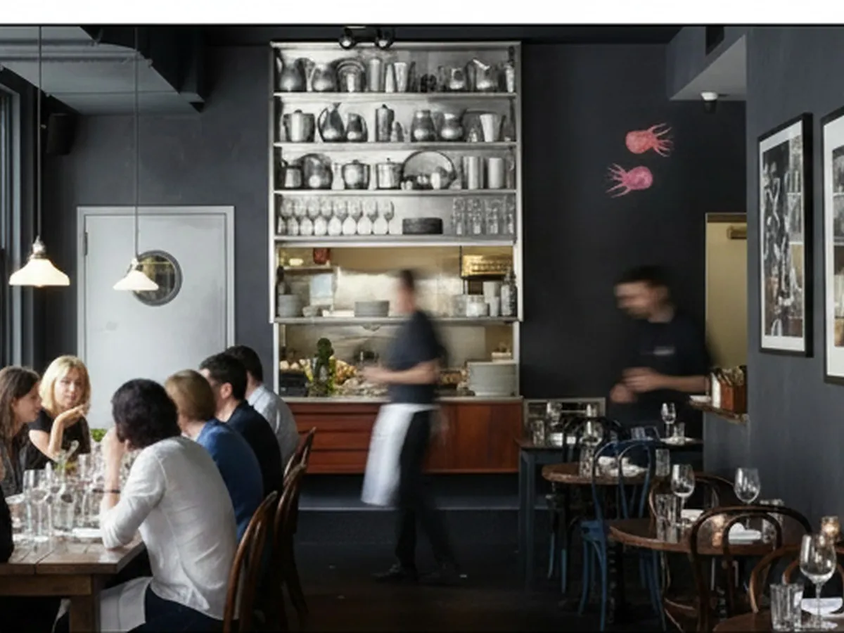 Cozy interior of Via Carota during dinner service, showing wooden tables, mismatched chairs, bottles lining rustic shelves, servers moving between tightly packed diners, and shared plates of Italian dishes and carafes of wine under soft, warm lighting.