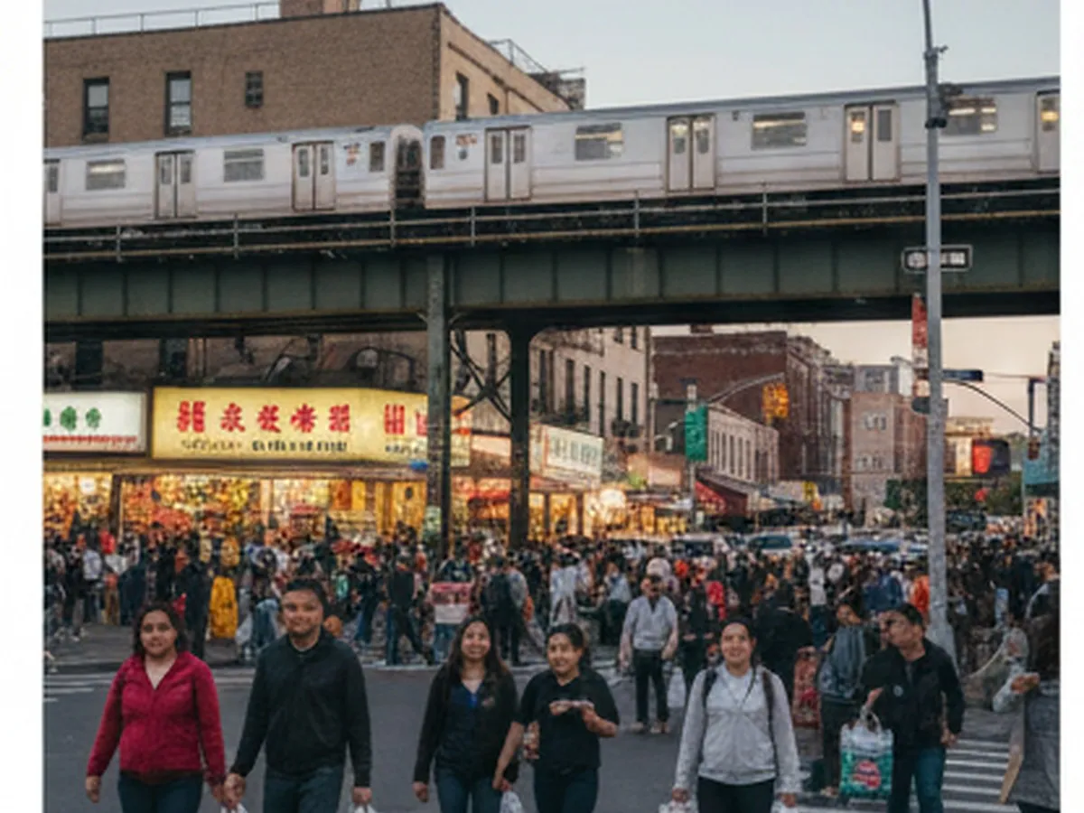 Twilight street-level view of a busy Flushing, Queens intersection with 7 train tracks overhead, pedestrians crossing, and bright storefronts of Asian supermarkets glowing, shopping bags in hand and steam rising from nearby food carts.