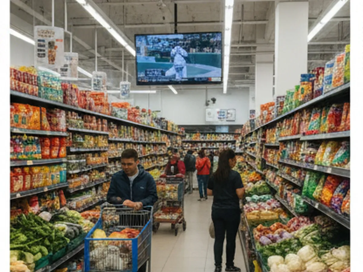 Daytime interior of a large Asian supermarket in Brooklyn, wide aisle of fresh produce and Asian greens, colorful packaging on surrounding shelves, shoppers comparing labels and filling carts under fluorescent lights.