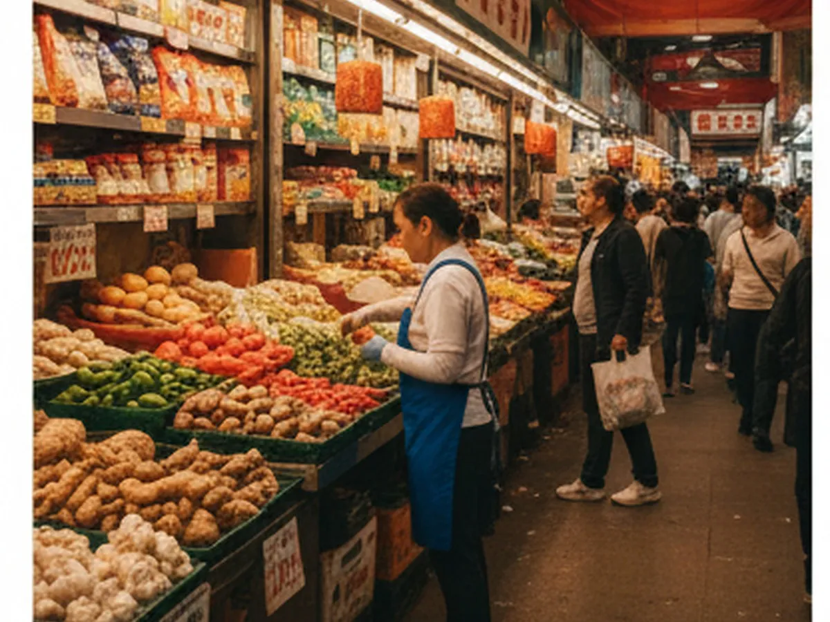 Late afternoon scene inside an enclosed Chinatown food and grocery market, mix of produce stalls and packaged goods, bilingual signage, families browsing, and a worker arranging vegetables on a bustling, narrow walkway.