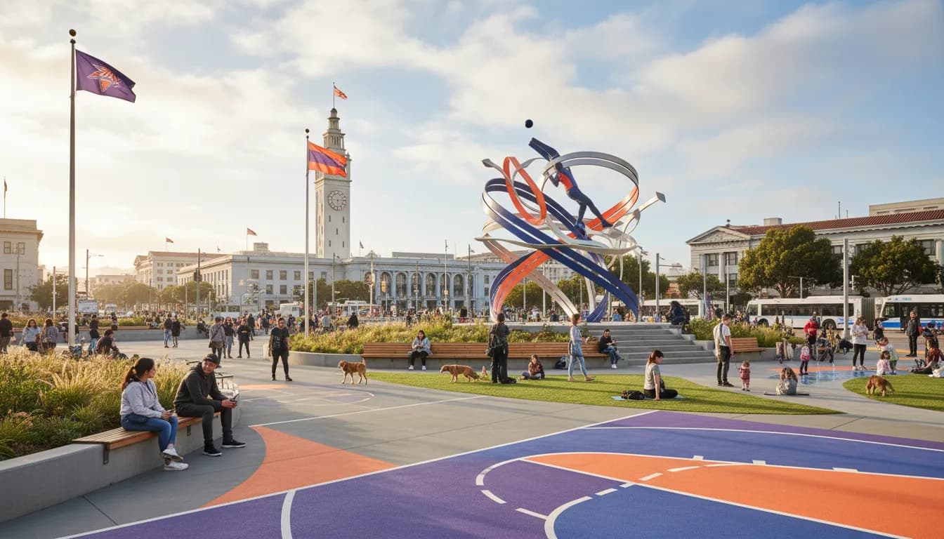 Free San Francisco: Mercury vs Mystics Inspired Public Art & Green Spaces — photorealistic San Francisco editorial scene