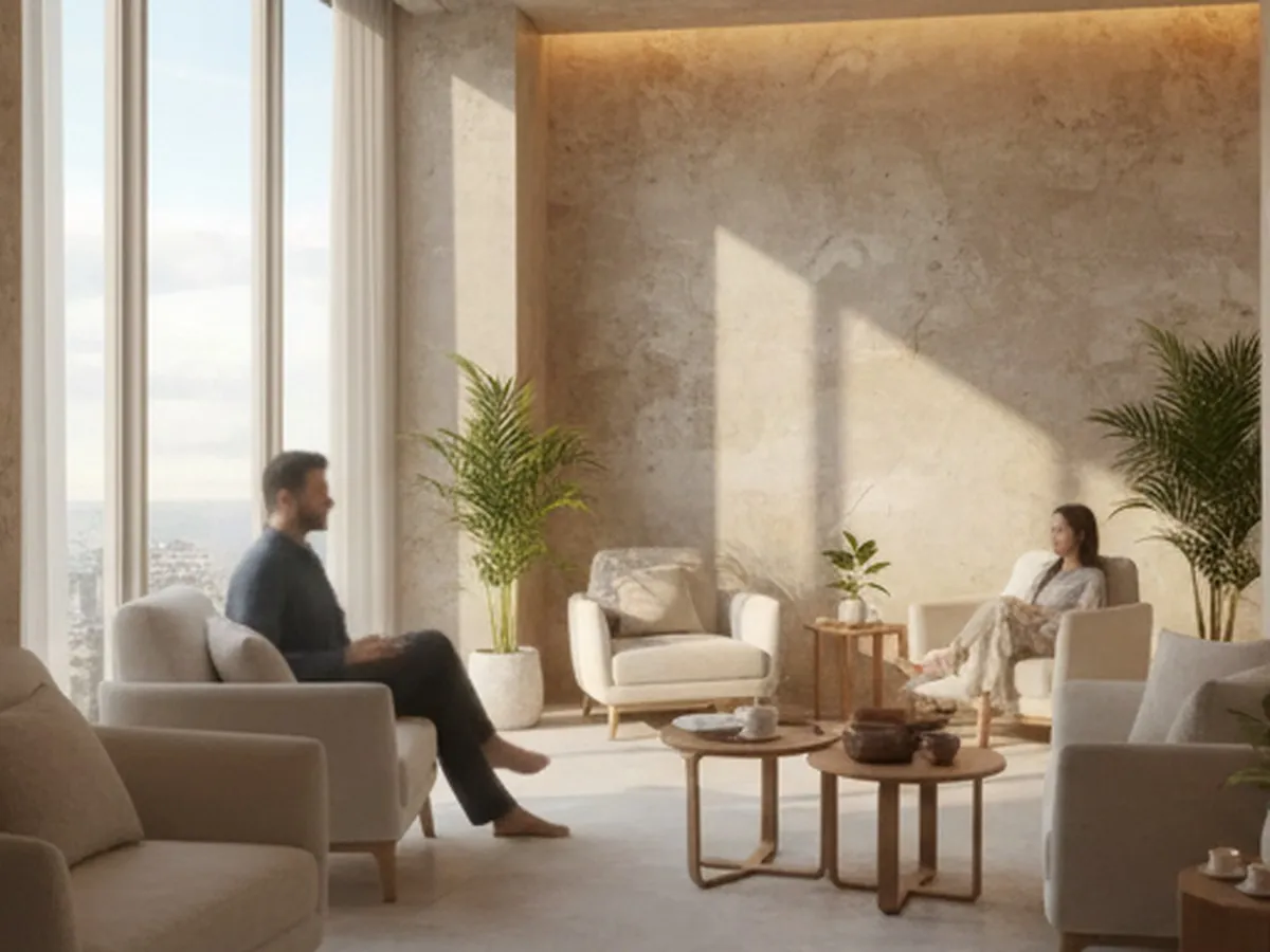 A bright, editorial-style wellness scene in a Manhattan spa lounge with textured stone walls, soft neutral seating, warm tea service, and natural daylight filtering through floor-to-ceiling windows, no visible branding.