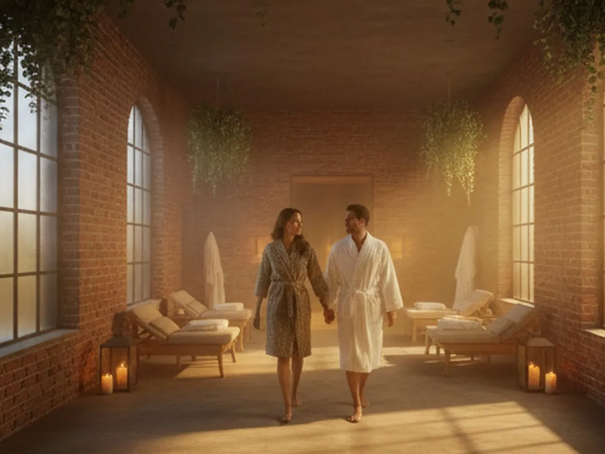 A photorealistic Brooklyn couple’s spa environment with steam, eucalyptus, candlelight, plush robes on lounge chairs, and a calm treatment corridor, shot as a lifestyle magazine image.