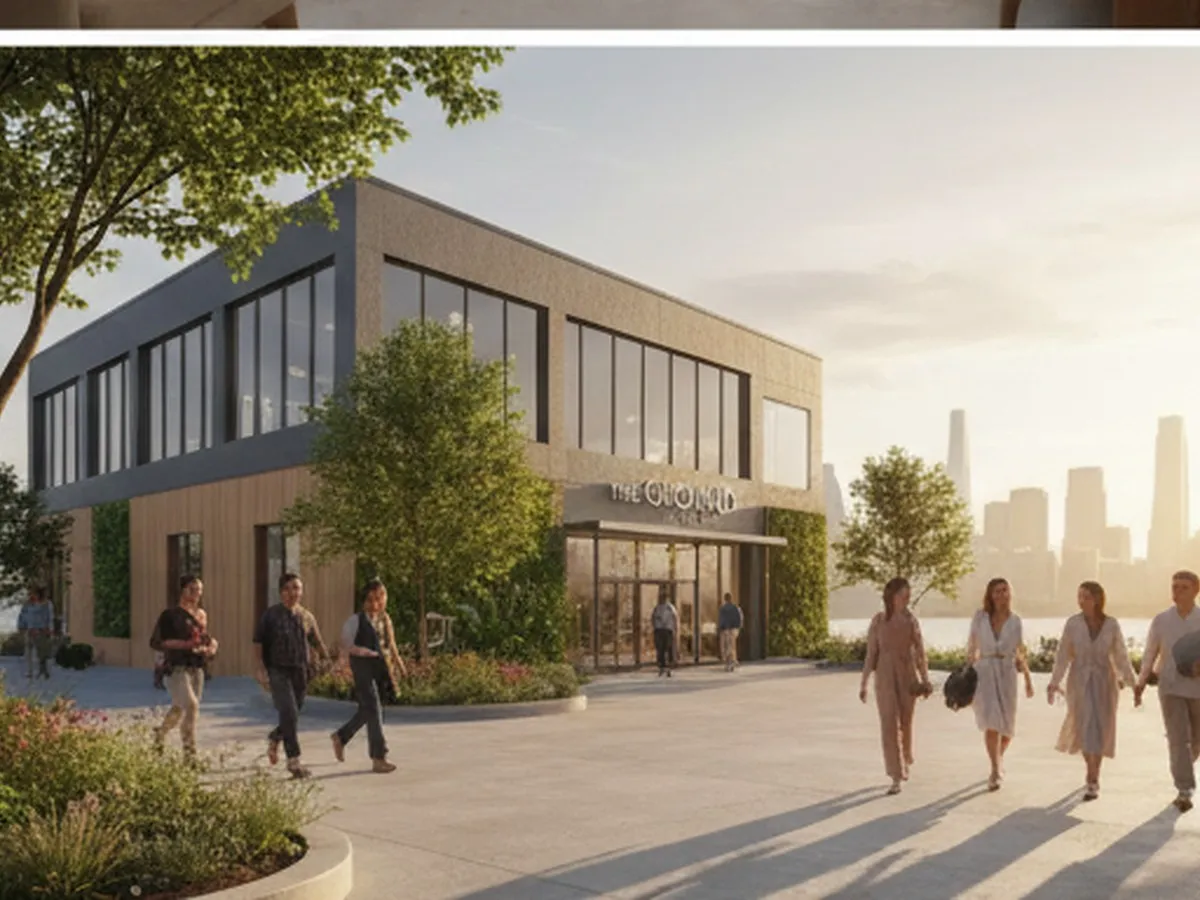 An outdoor wellness-adjacent scene near the NYC waterfront with people walking toward a serene garden-like spa entrance, late-afternoon light, city skyline in the background, and no logos or readable signs.
