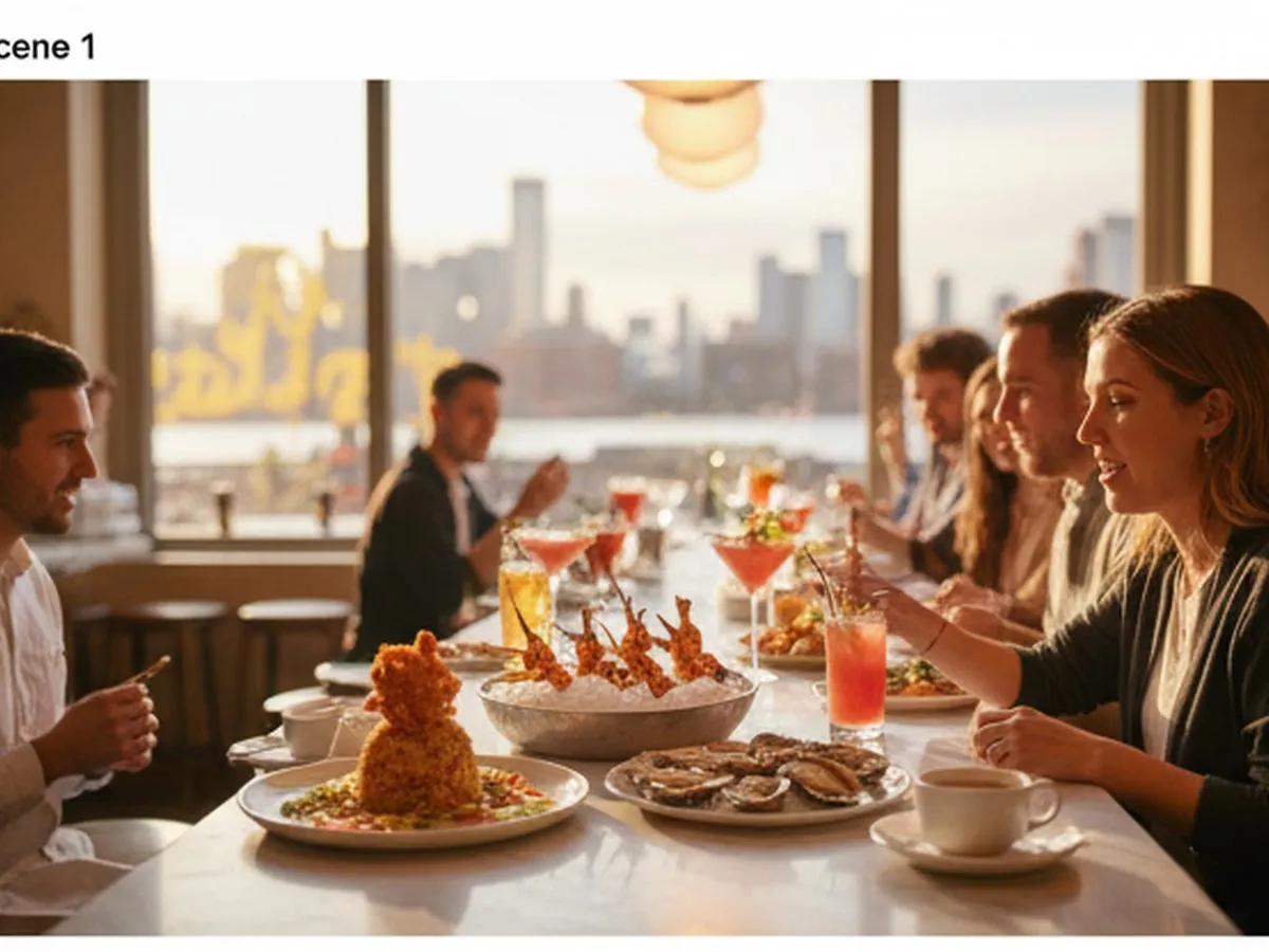 Golden hour cover shot of a busy New York City seafood restaurant interior, with a marble bar lined with plates of grilled shrimp, oysters on ice, and cocktails, big windows showing blurred city lights and yellow cabs outside, and a diverse group of 20- and 30-somethings talking and taking photos of their food.