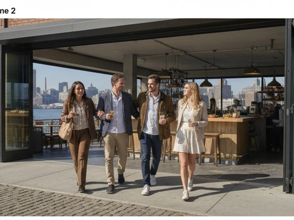 Daytime street-level photo near a Brooklyn waterfront, showing friends in casual clothes walking toward a modern seafood spot with an open storefront, a hint of the East River and skyline in the background, and plates of shrimp tacos and lobster rolls visible through the window on a counter.