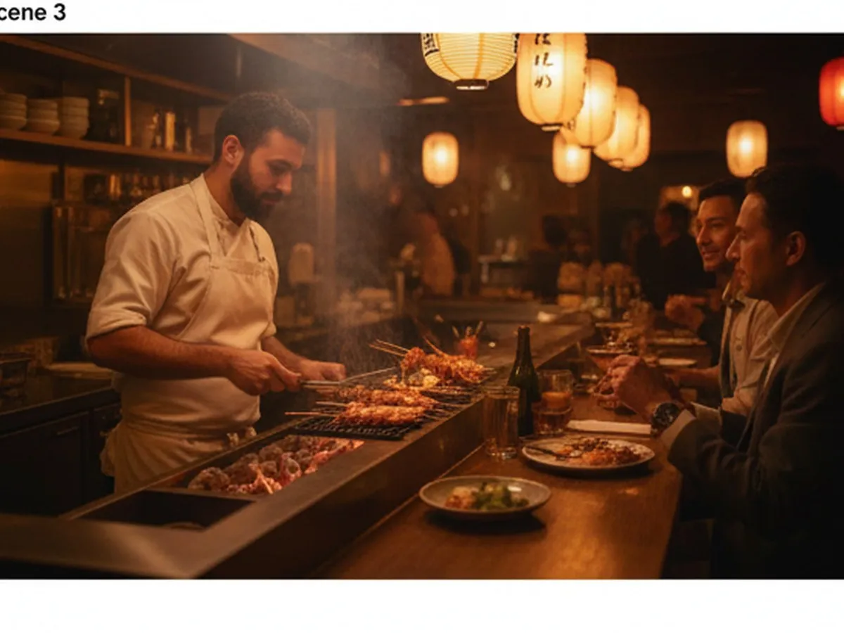 Evening scene inside a Manhattan izakaya-style restaurant with warm lighting, skewers of shrimp and other seafood sizzling over a charcoal grill, steam rising, a chef focused at the grill, and diners seated at a wooden counter with small plates and drinks, creating an intimate late-night vibe.