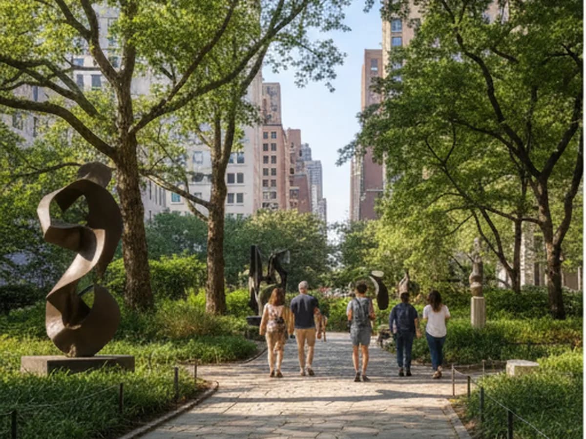 A bright, photorealistic wide shot of visitors walking along a tree-lined outdoor sculpture path in a modern museum garden in New York City, with contemporary architecture, summer light, and no visible signage.