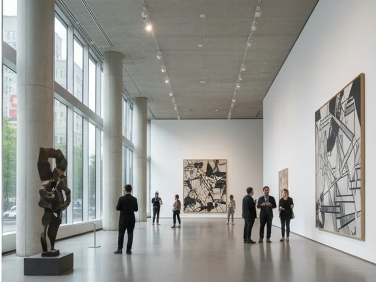 A photorealistic interior scene of a spacious NYC contemporary art museum gallery with polished concrete floors, tall white walls, large-scale abstract works, and visitors standing at a respectful distance.