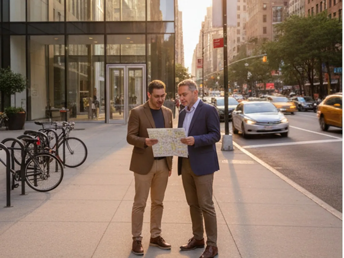 A candid street-level NYC editorial photo of two adults checking a museum map on a sidewalk near a modern museum entrance, with bikes, crosstown traffic, and warm afternoon light.