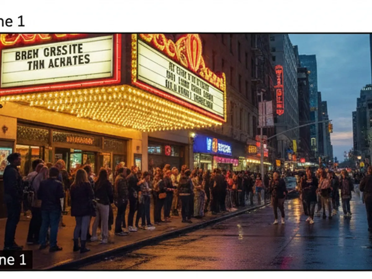 Twilight street scene outside an NYC movie theater with a glowing marquee, people in casual clothes lining up with tickets, and city lights reflecting on wet pavement, captured from sidewalk level with a shallow depth of field.