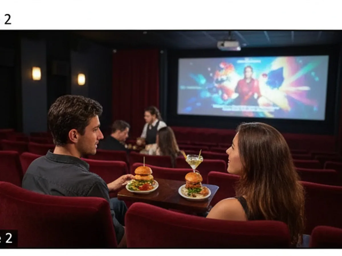 Interior of a dim NYC cinema auditorium with plush seats, a server discreetly placing sliders and drinks on a small table between two friends as a bright screen trailer plays, showing the mix of dining and moviegoing.