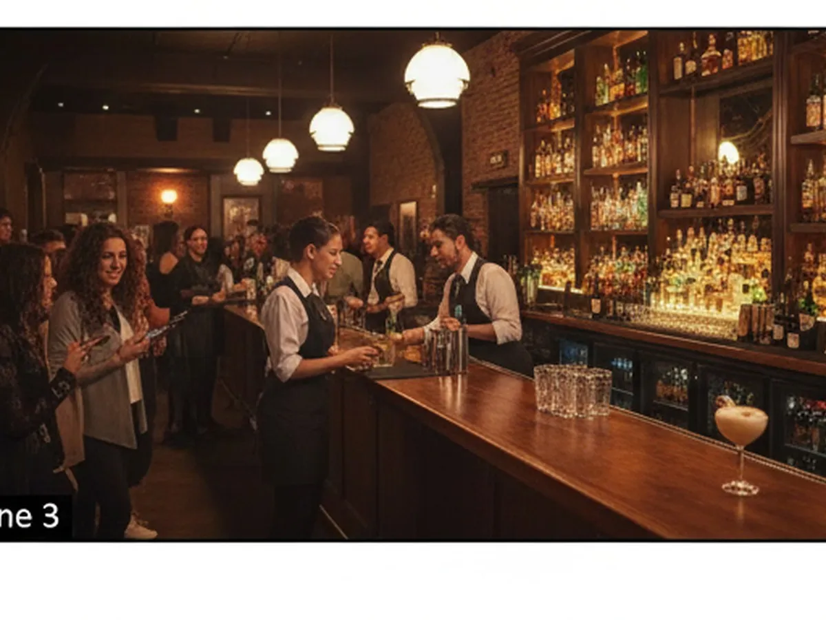 Busy NYC lobby scene with a bar, vintage movie posters on the wall, and a mix of young adults chatting, checking showtimes on their phones, and a bartender sliding a drink across the counter, framed to feel inviting and energetic.