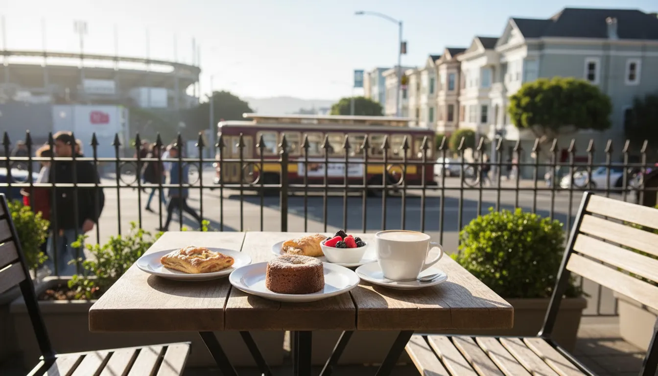 Sweet Endings: San Francisco Coffee & Dessert for Angels vs Orioles Game — photorealistic San Francisco editorial scene