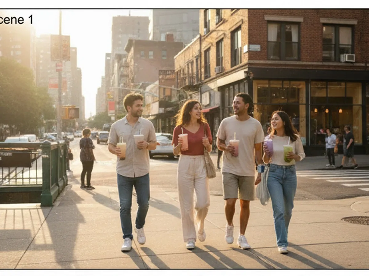 Golden-hour street scene in Flushing, Queens, with a diverse group of friends in their 20s holding colorful bubble tea cups, walking past low-rise storefronts and a busy intersection; soft sunlight, summer clothing, visible subway entrance, but no logos or readable shop signs.