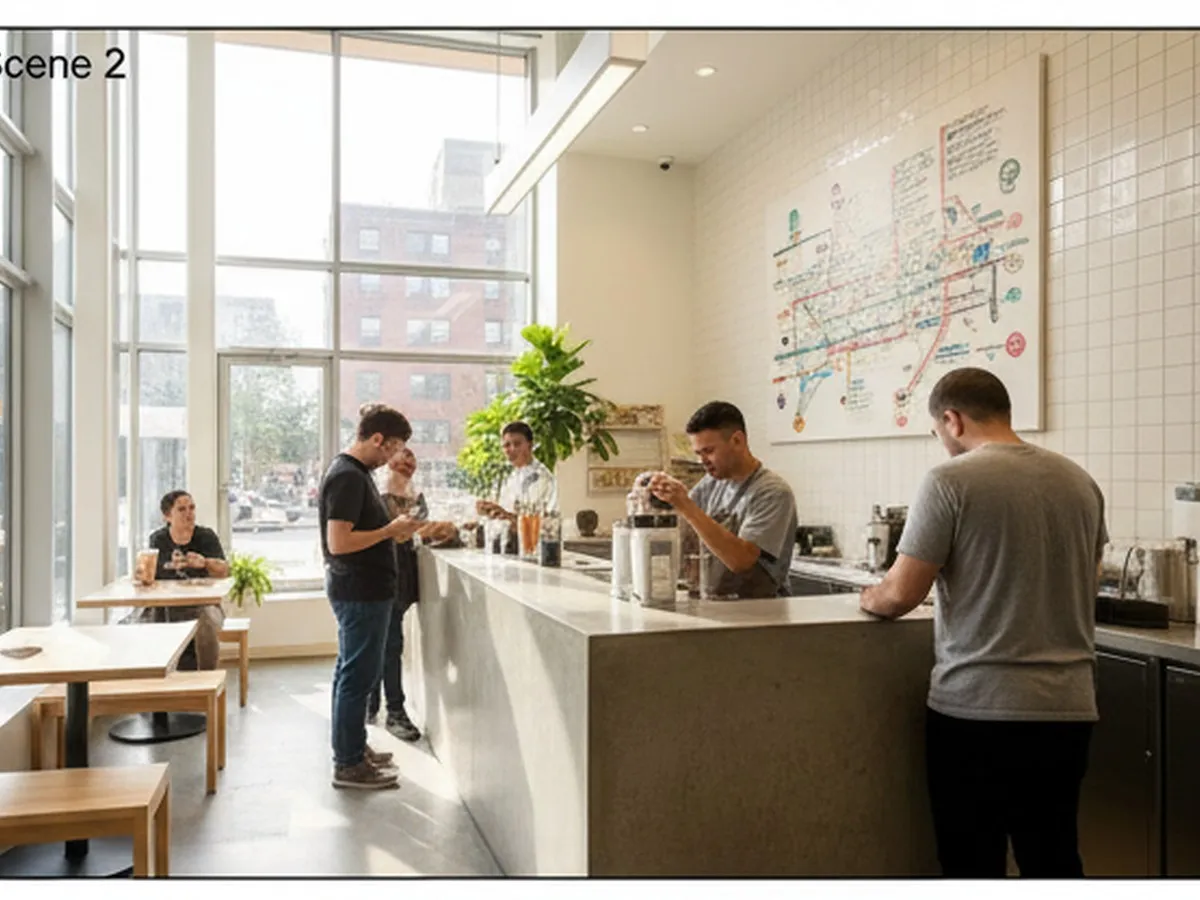 Interior of a modern New York City bubble tea shop with bright natural light, minimalist wood and tile decor, and a barista in neutral clothing sealing a plastic cup of milk tea; a few customers in casual outfits wait by the counter, and a subway map-style art print is blurred on the wall.
