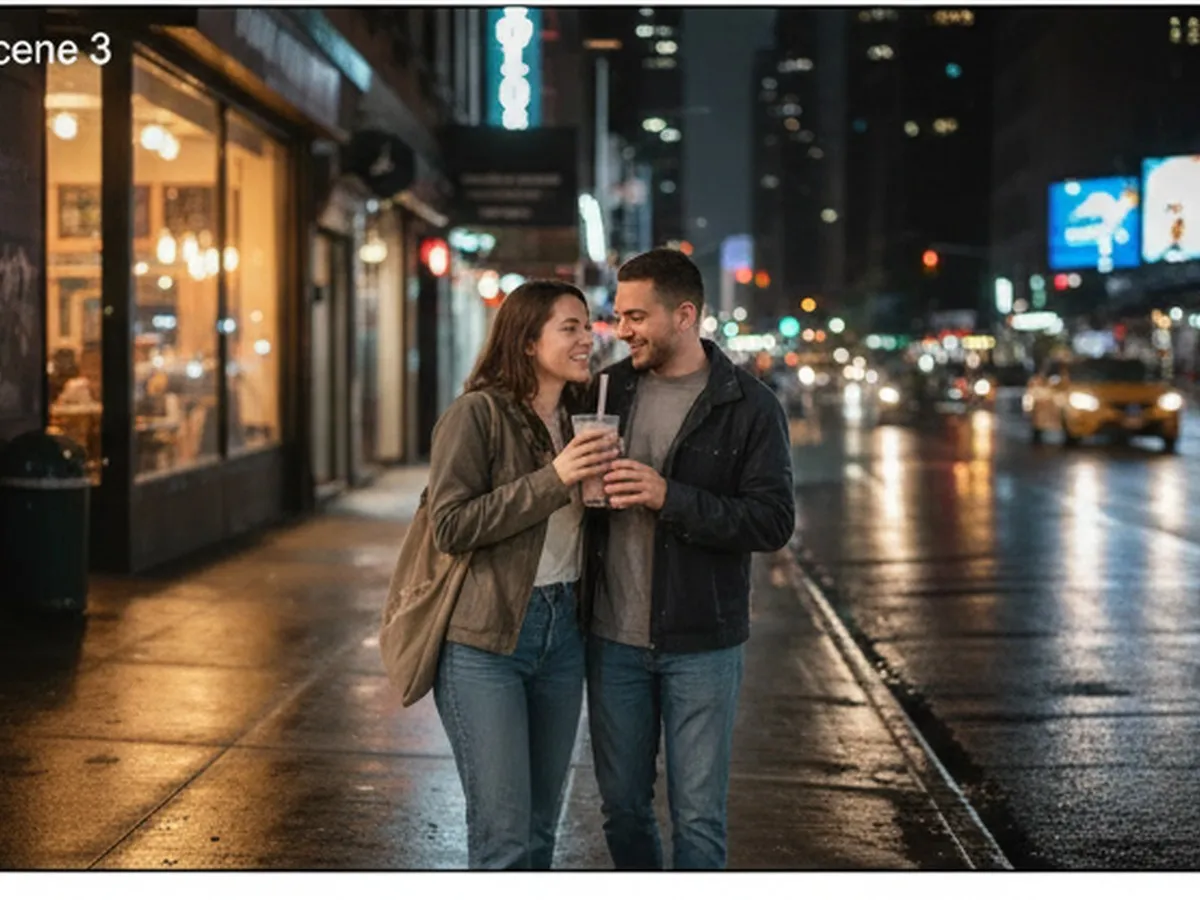 Nighttime Lower Manhattan streetscape with glistening pavement after light rain, a young couple in casual jackets sharing a bubble tea on the sidewalk, warm glow spilling from cafe windows, and yellow taxis passing by; background billboards and storefront signs are out of focus and unreadable.