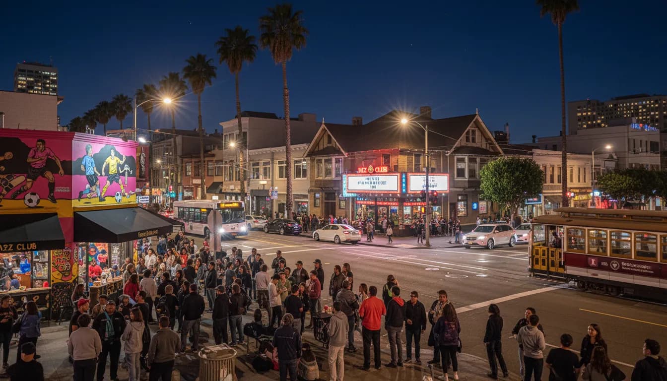 Practical city scene for San Francisco Neighborhoods: Inter Miami vs San Luis Inspired Cultural Exploration