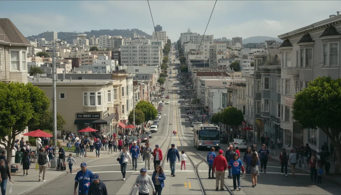 San Francisco Neighborhoods: Blue Jays vs Cubs Inspired Community Vibes — photorealistic San Francisco editorial scene