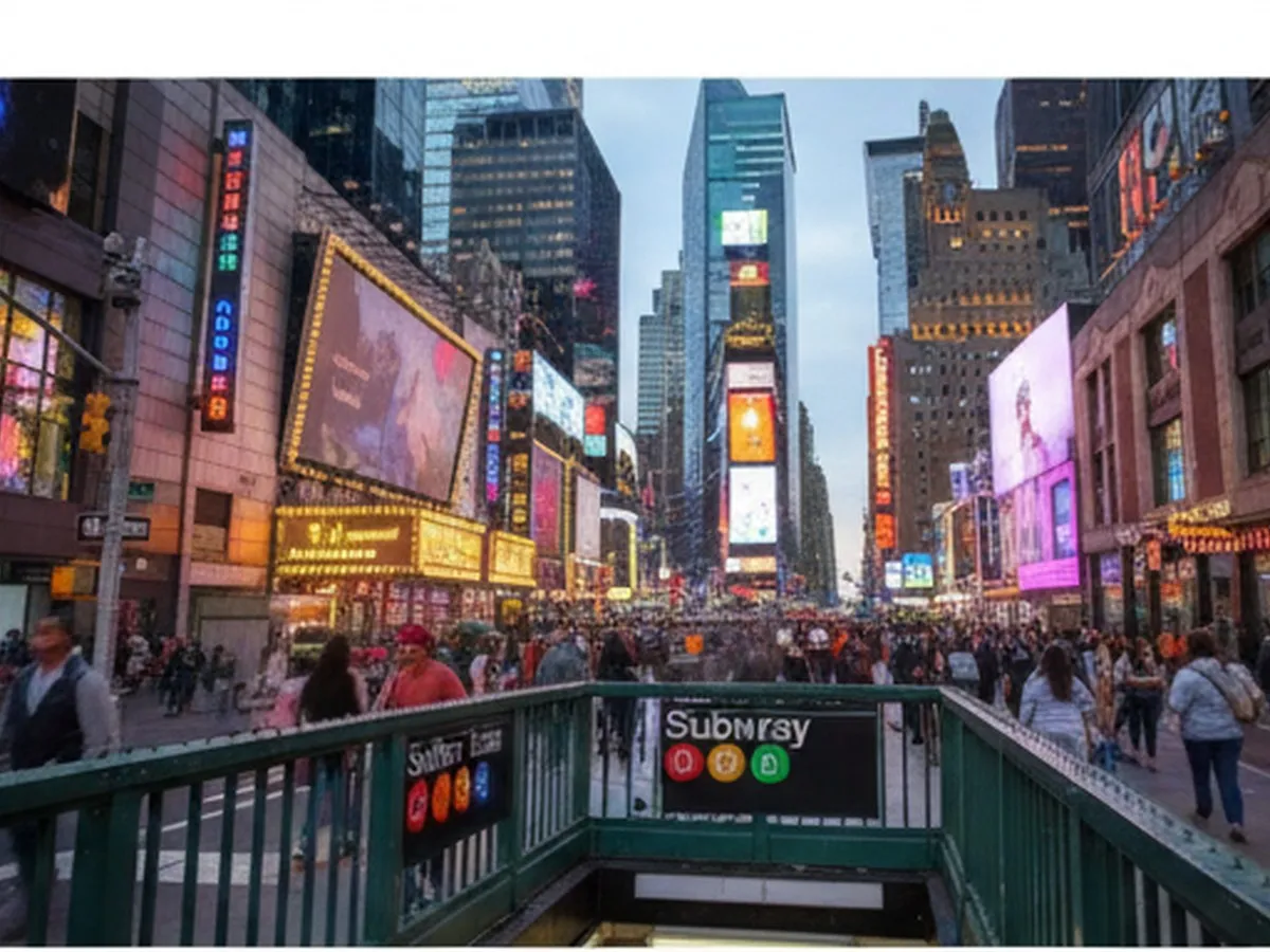 Wide dusk shot of a busy New York City avenue near Times Square with people in casual clothes heading toward a brightly lit indoor entertainment center, neon reflections on wet pavement, and subway entrance signage visible in the foreground.
