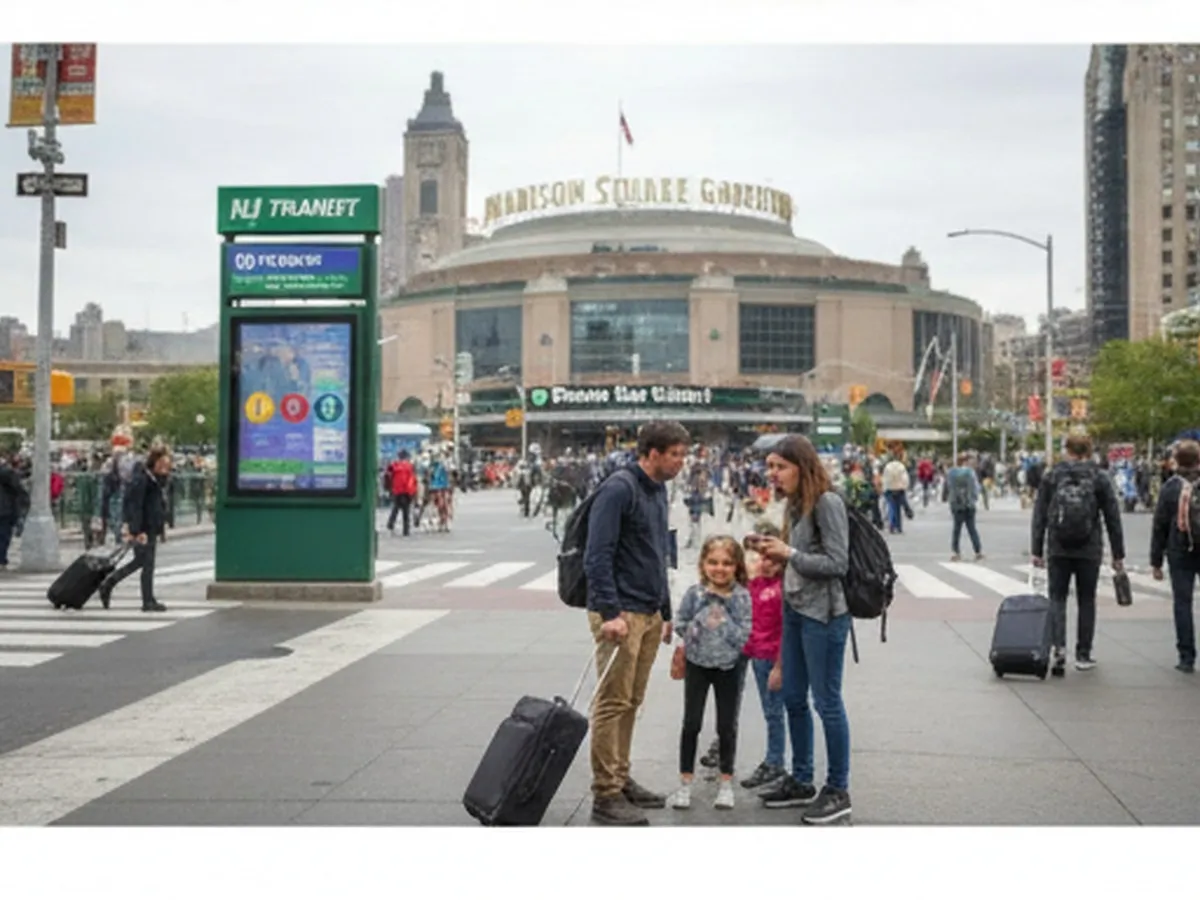 Transit-focused street-level scene outside Penn Station showing commuters with weekend bags, NJ Transit and subway signage, and a family checking a phone for directions, with Madison Square Garden softly blurred in the background.