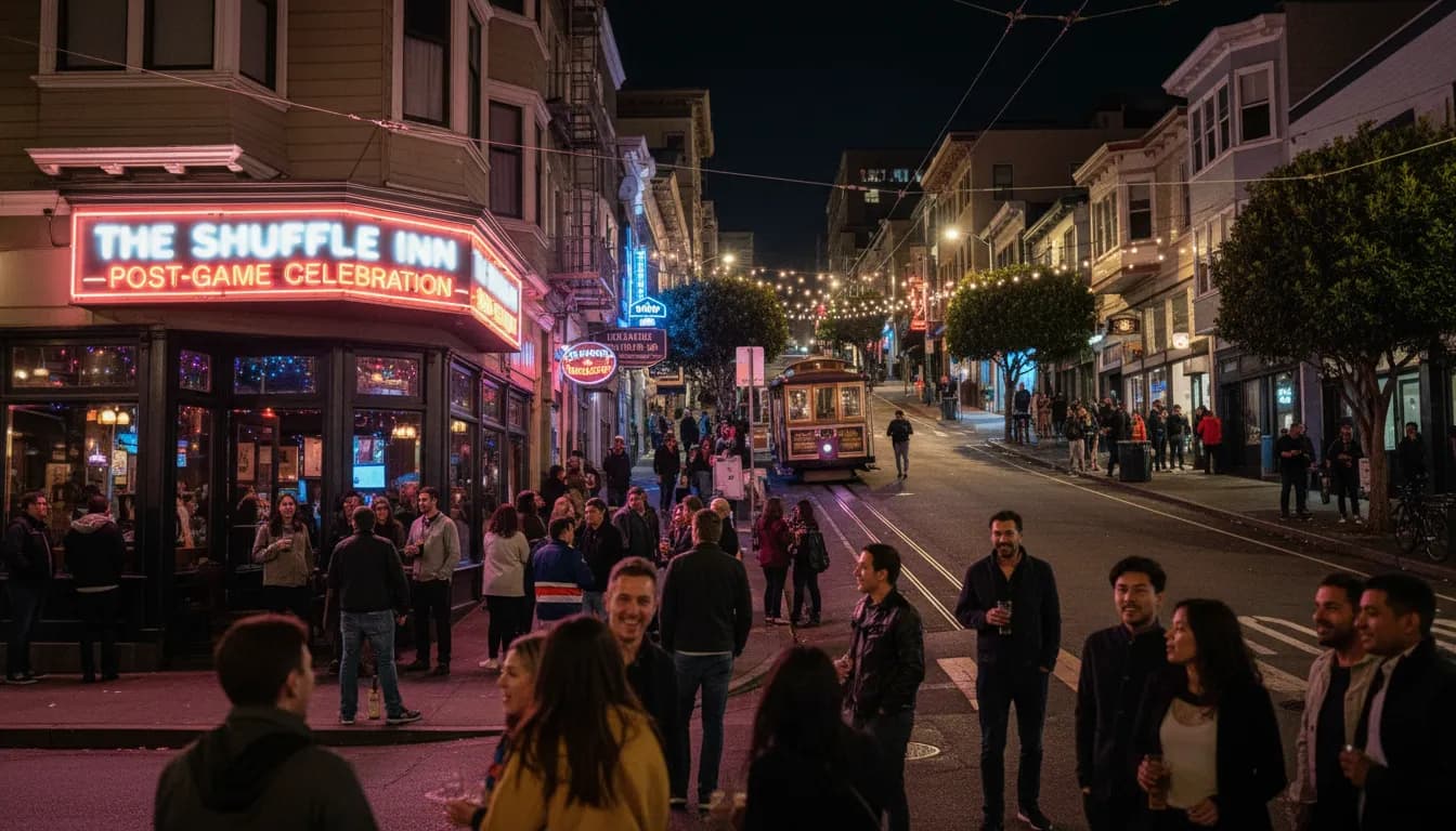 Game Night Out: San Francisco Bars for Mets vs Braves Post-Game Buzz — photorealistic San Francisco editorial scene