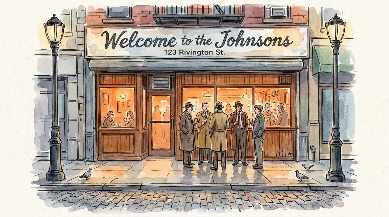 Hero — the storefront of Welcome to the Johnsons at 123 Rivington Street, the hand-painted sign over wood-paneled windows, a small group on the sidewalk lit by the bar's orange interior glow