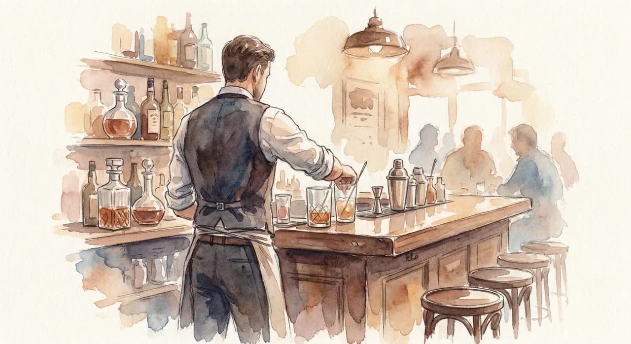 Bartender at Please Don't Tell preparing a cocktail behind the small back-room bar, vintage signage and dim lighting