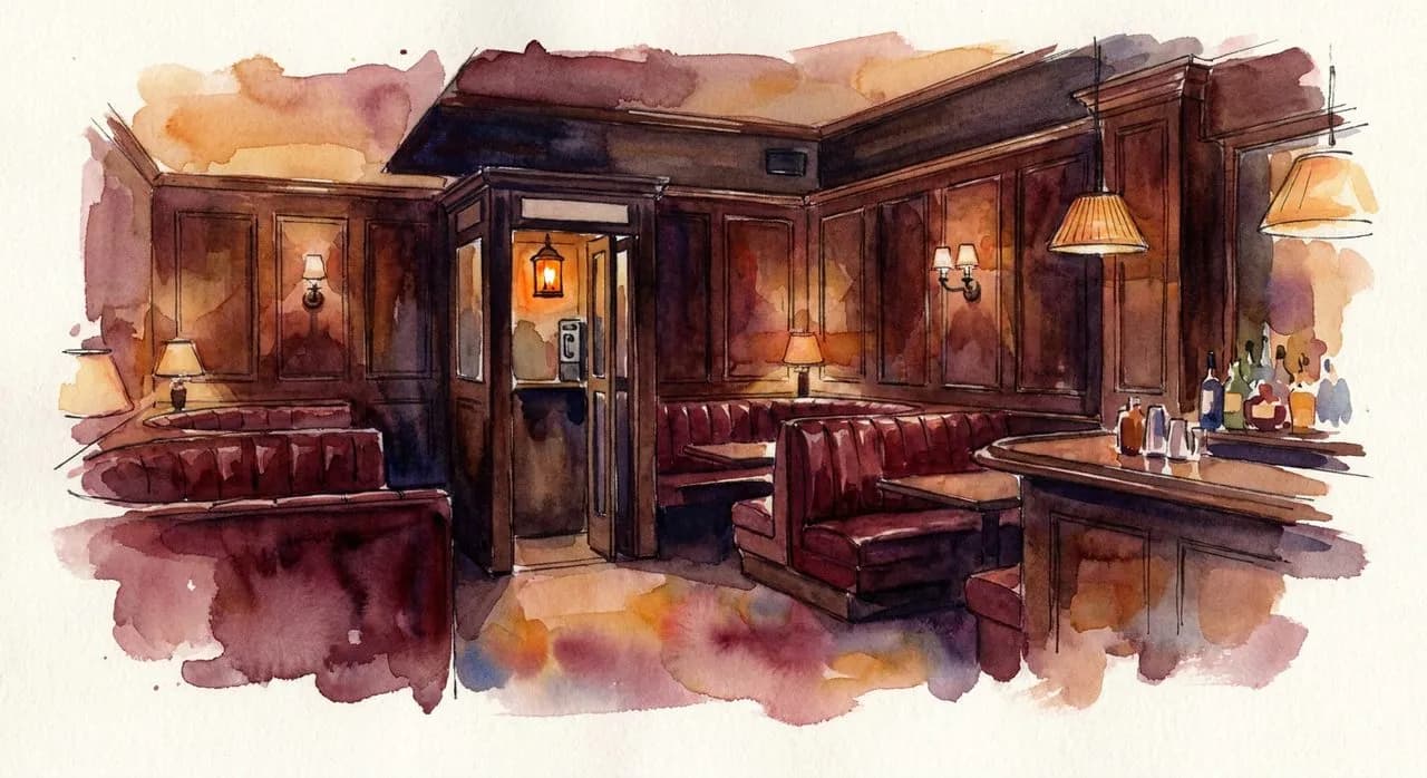 Inside Please Don't Tell — leather booths, dim amber lighting, the back wall with the entrance phone booth visible from inside the bar