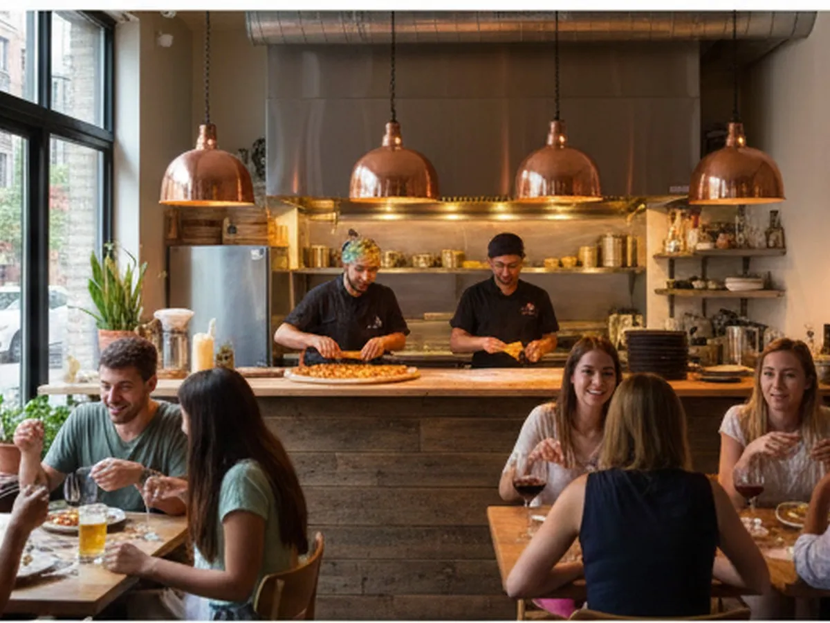 Cozy interior of a contemporary NYC fusion restaurant with an open kitchen, chefs stretching pizza dough and sprinkling bright Indian spices, copper pendant lights, wooden tables with small plates and drinks, and diverse young diners in their 20s-30s enjoying food and conversation.