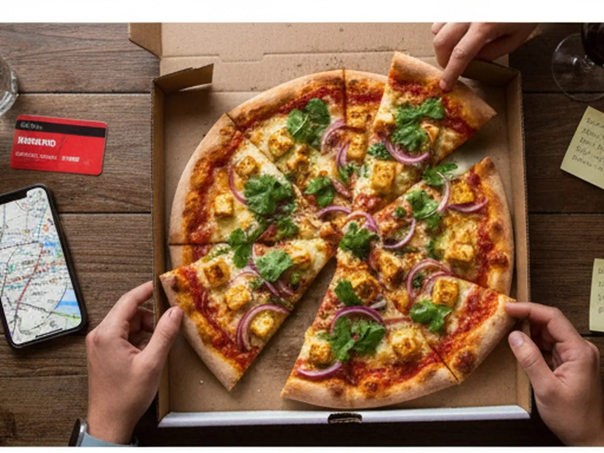 Overhead shot of a wooden table in a New York apartment, featuring an open pizza box with a colorful fusion pie topped with paneer, cilantro, and red onions, alongside a phone displaying a map of NYC, metro card, and two hands reaching in to grab slices.