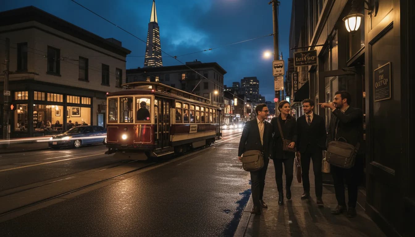 San Francisco Nightlife: Patriot Games Inspired Bars & Quieter Alternatives — photorealistic San Francisco editorial scene