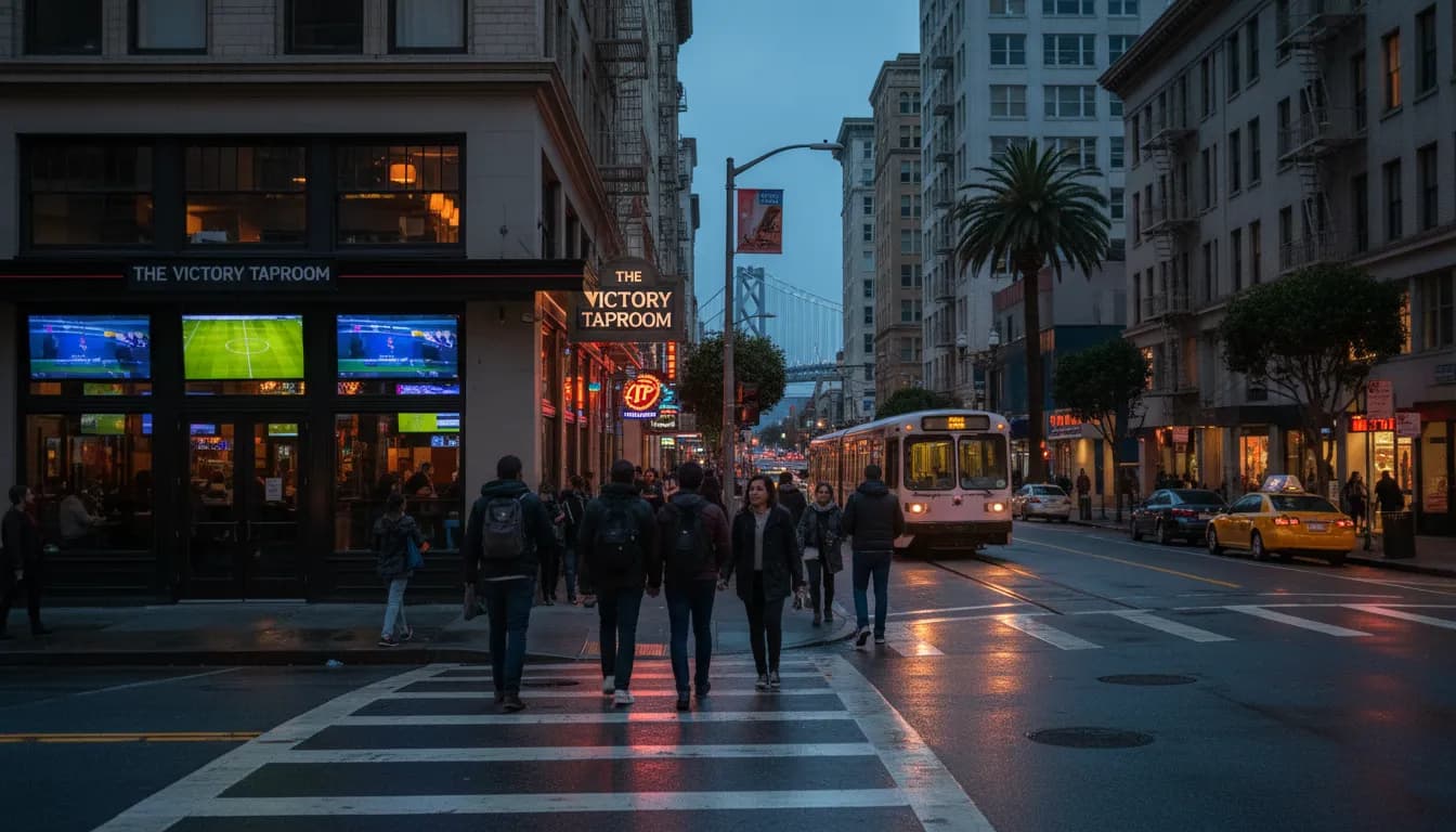 Chicago vs Santos Laguna: SF Bar-and-Transit Plan — photorealistic San Francisco editorial scene
