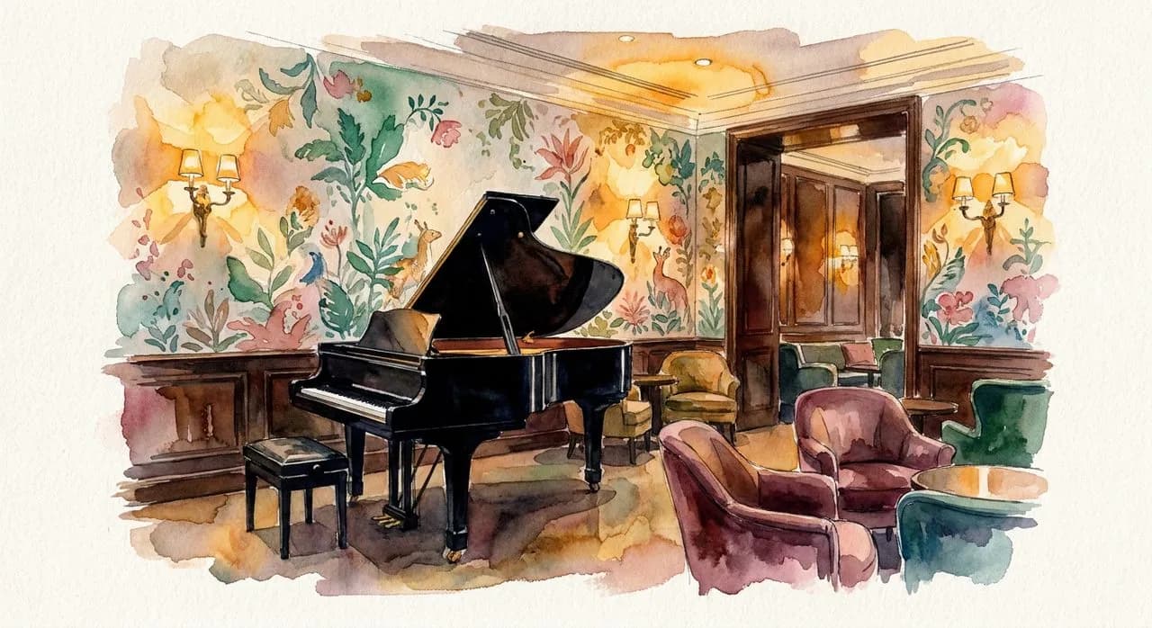 The grand piano at Bemelmans Bar with the Bobby Short residency plaque, brass nameplate of the pianists who play the room