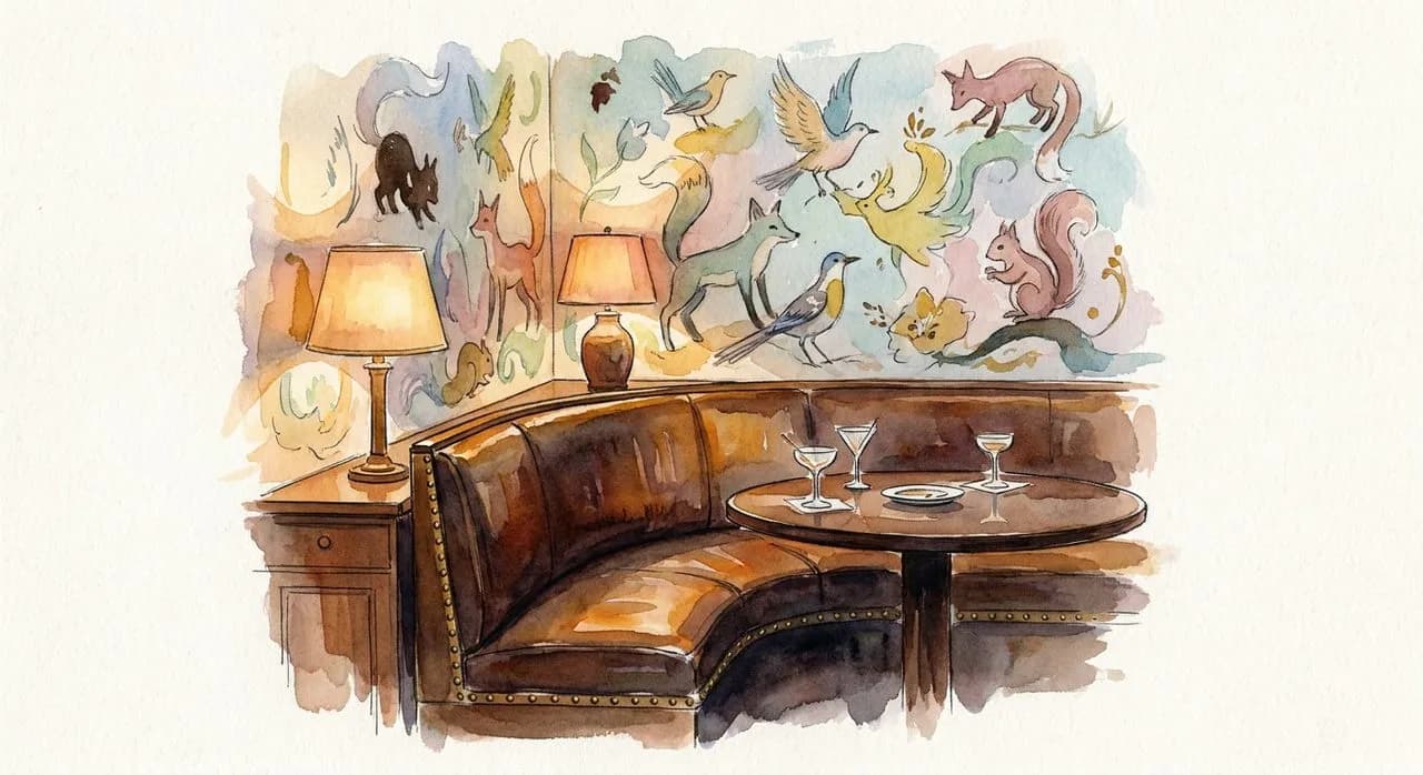 A banquette corner at Bemelmans Bar with the painted ceiling and one of the original Bemelmans elephants visible above