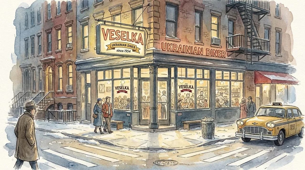 Hero — the lit corner of Veselka on Second Avenue and Ninth Street after midnight, the neon sign glowing, the windows packed with late diners visible from the street