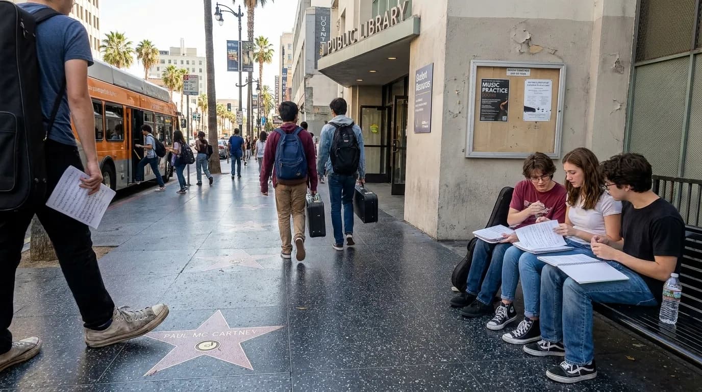 Singer: LA Back-to-School Music Practice Spaces and Supply Stops — photorealistic Los Angeles editorial scene