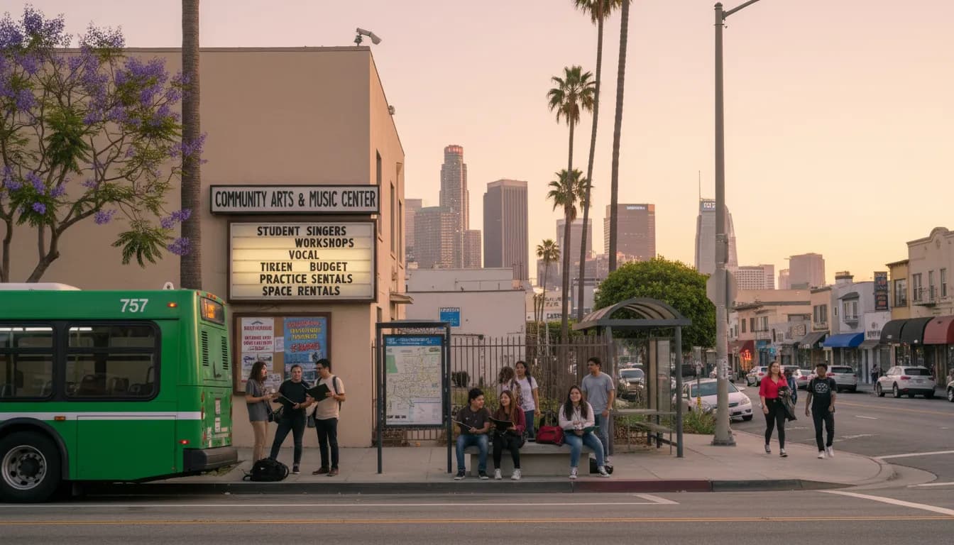 Los Angeles Student Singers: Budget Practice Spaces and Transit Plan — photorealistic Los Angeles editorial scene