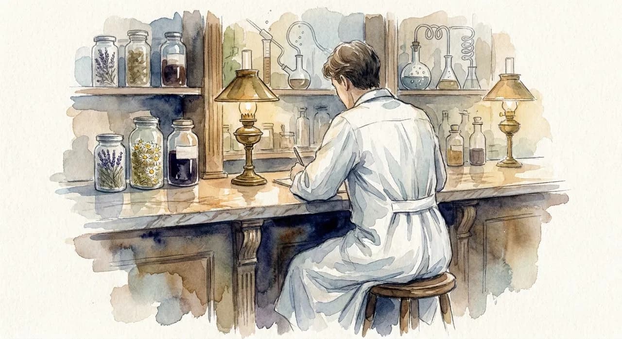 Bartender mixing a cocktail behind the marble apothecary bar at Apothéke, surrounded by glass jars of dried herbs and elixirs