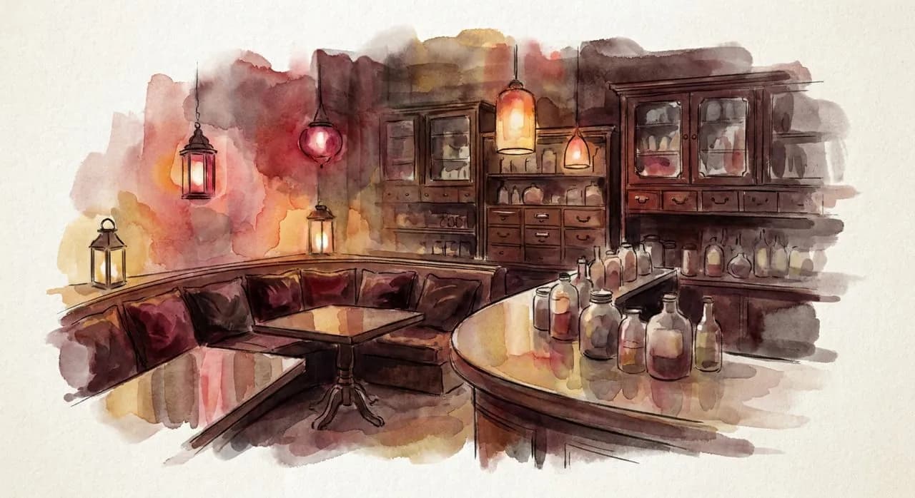 Inside Apothéke — banquette seating, dim red lights, the back lounge with antique apothecary cabinets