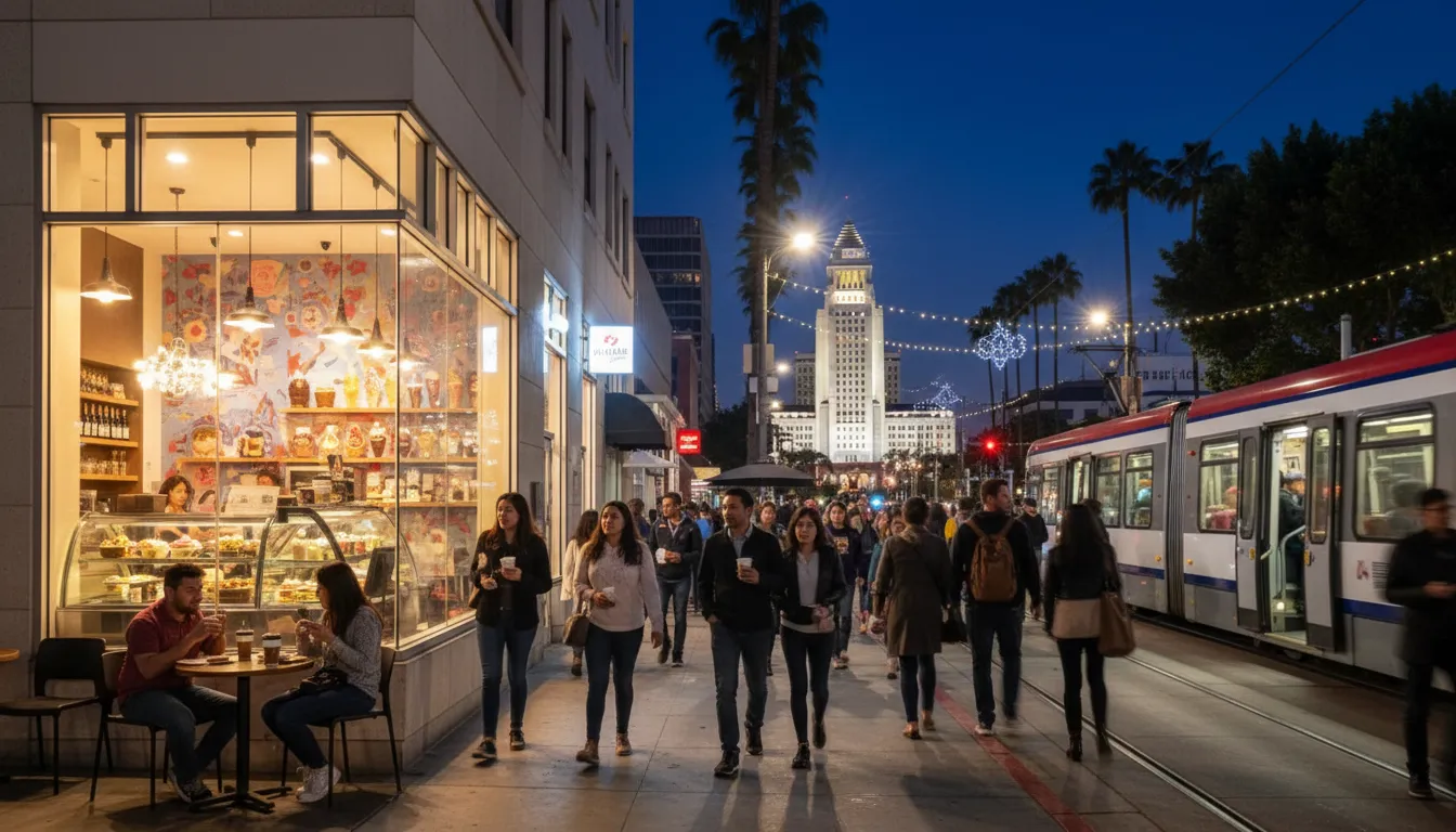 Practical city scene for Los Angeles Coffee & Dessert Route: Post-'Sparks vs Lynx' Sweet Spots