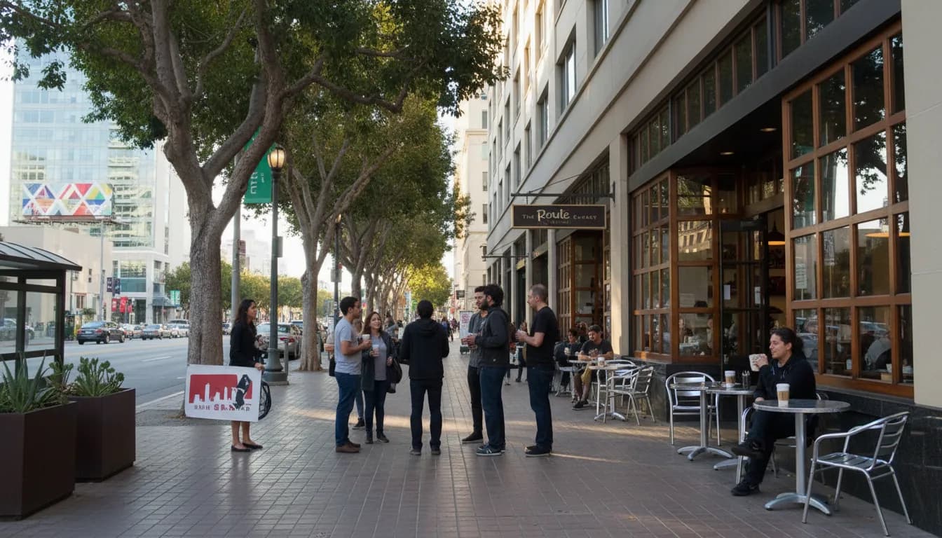 Los Angeles Coffee Break: Before or After 'Austin vs Puebla' Buzz — photorealistic Los Angeles editorial scene