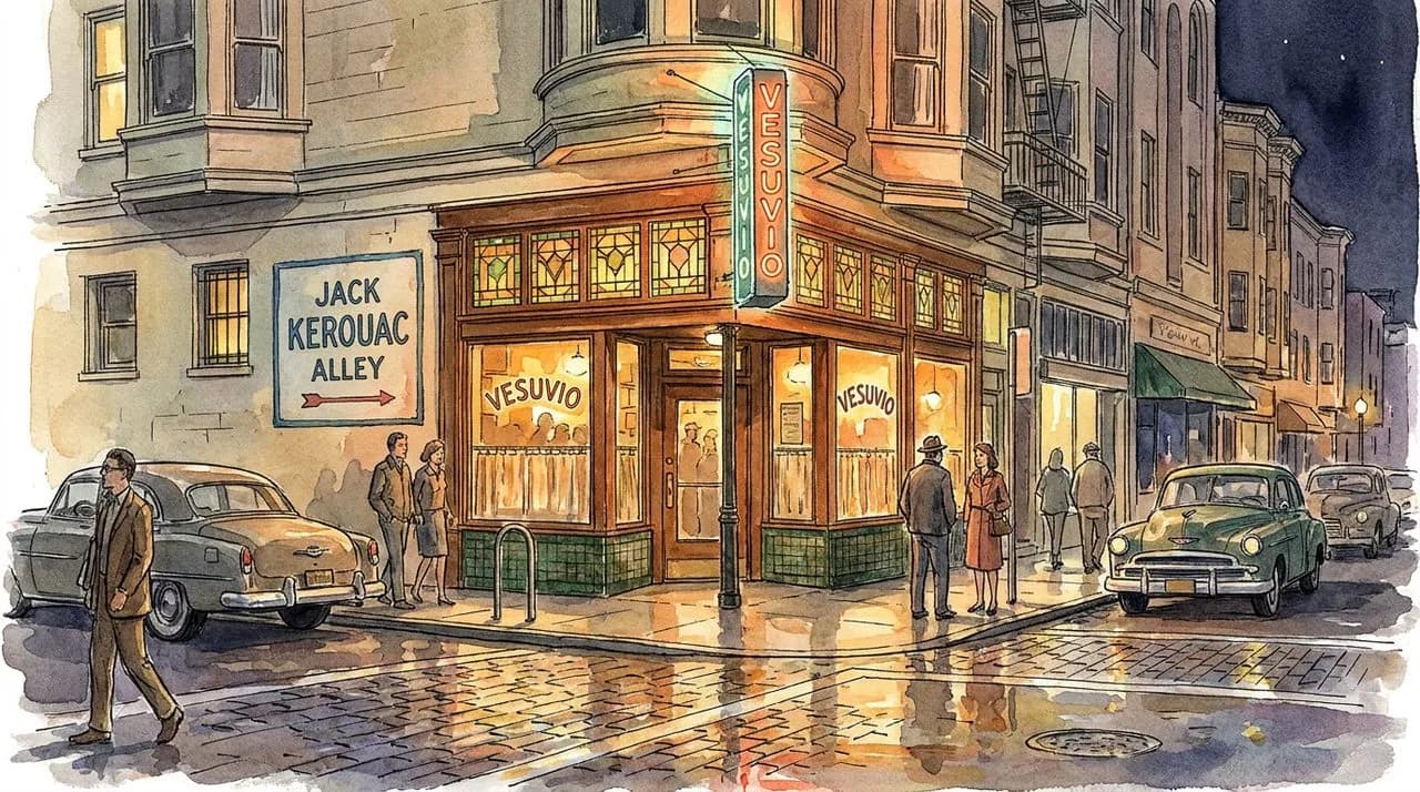 Hero — the corner of Vesuvio Cafe on Columbus Avenue in North Beach at night, the original wood-and-stained-glass facade glowing against the dark street, the small painted sign for Jack Kerouac Alley visible at the side