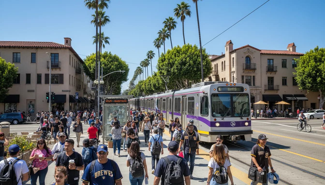Los Angeles Neighborhoods: 'Brewers vs Padres' Transit Guide — photorealistic Los Angeles editorial scene