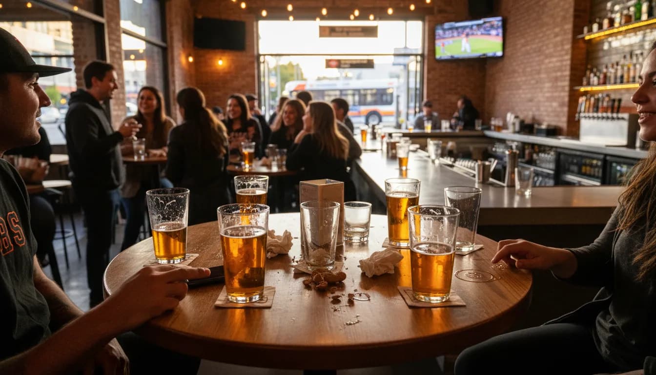 Los Angeles Bars: 'Astros vs Giants' Post-Game Wind Down — photorealistic Los Angeles editorial scene